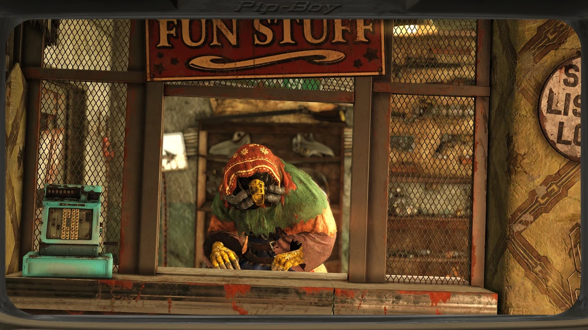 La Proveedora Murmrgh, minera topo con poncho rojo y capucha de flores, tras la barra enrejada de The Rusty Pick en Fallout 76