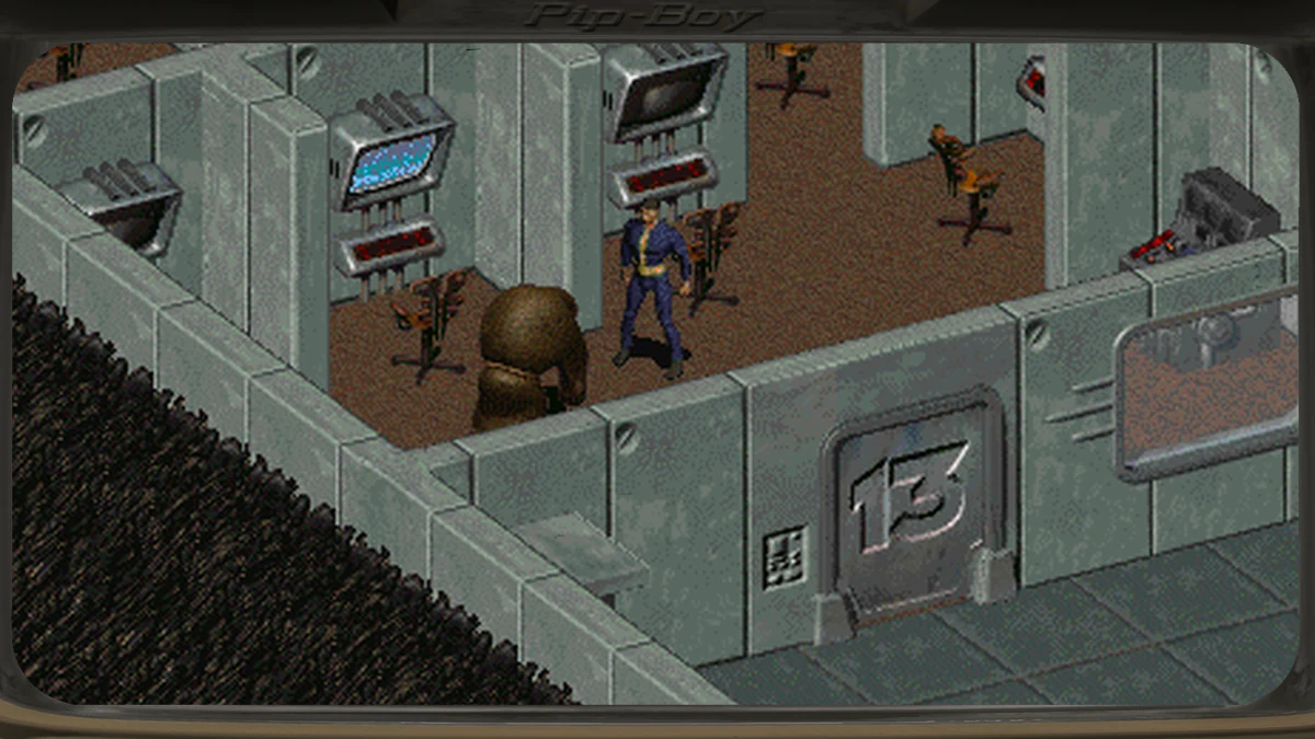 Goris, el sanguinario inteligente de Fallout 2, con su túnica marrón junto al Elegido en el Refugio 13