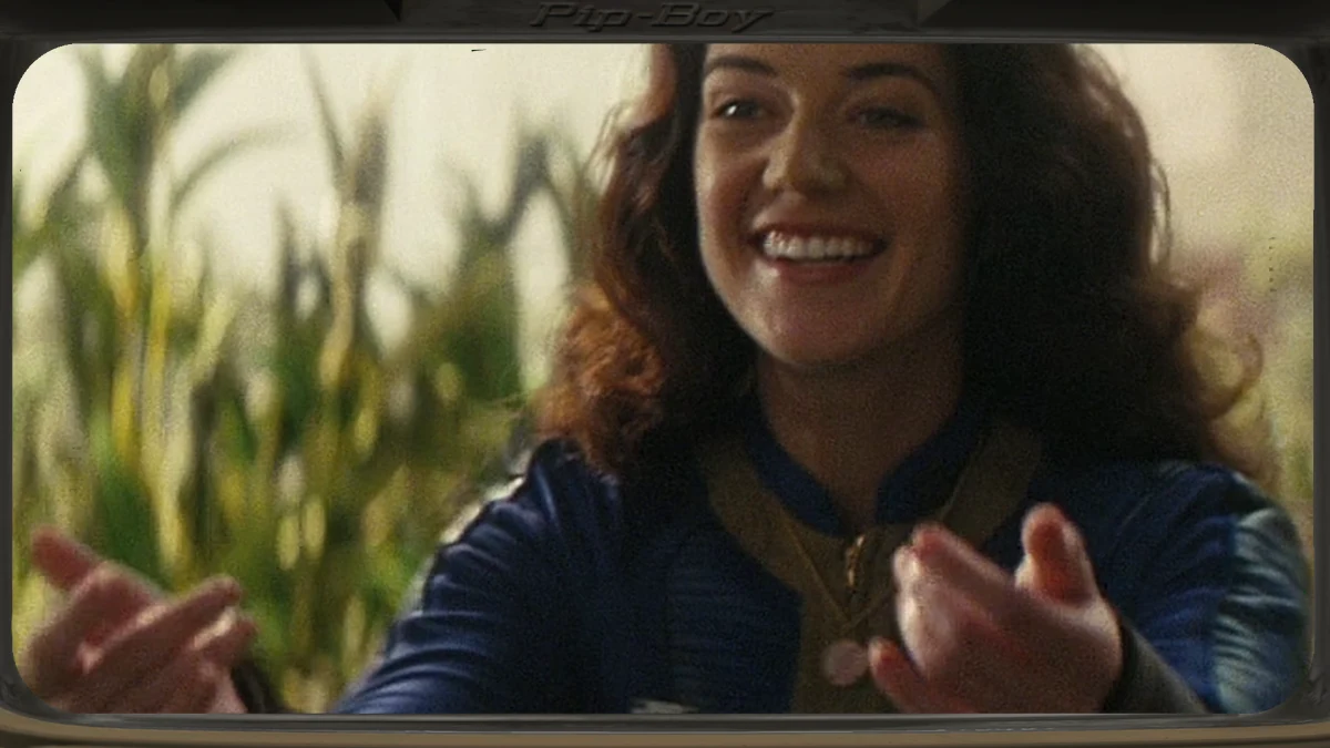 Rose MacLean, la madre de Lucy, sonriendo con el mono del Refugio en un campo de maíz, en la serie de Fallout