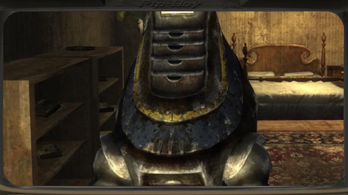 Fisto, el Protectron de Cerulean Robotics, activado en el taller abandonado de Freeside en Fallout: New Vegas