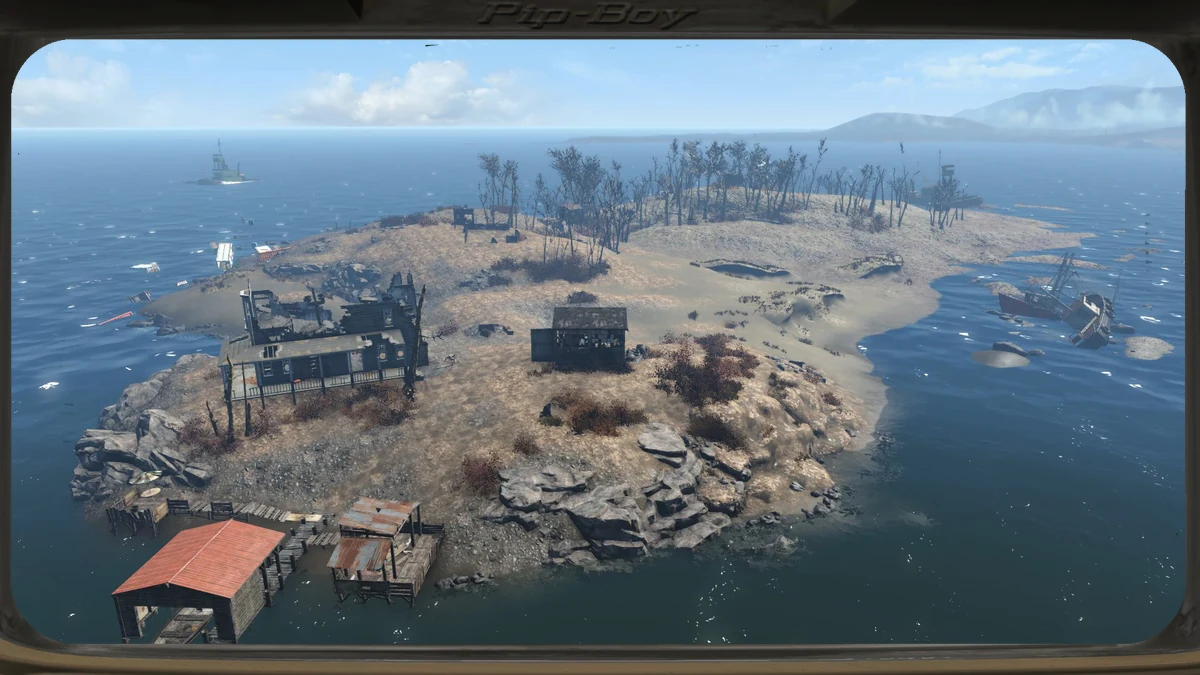 Vista aérea de Spectacle Island en Fallout 4, con la torre de radio en la colina central y el barco verde semihundido en la costa sur