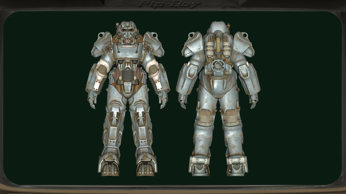 La servoarmadura T-60 de Fallout 4, vista de frente y de espaldas