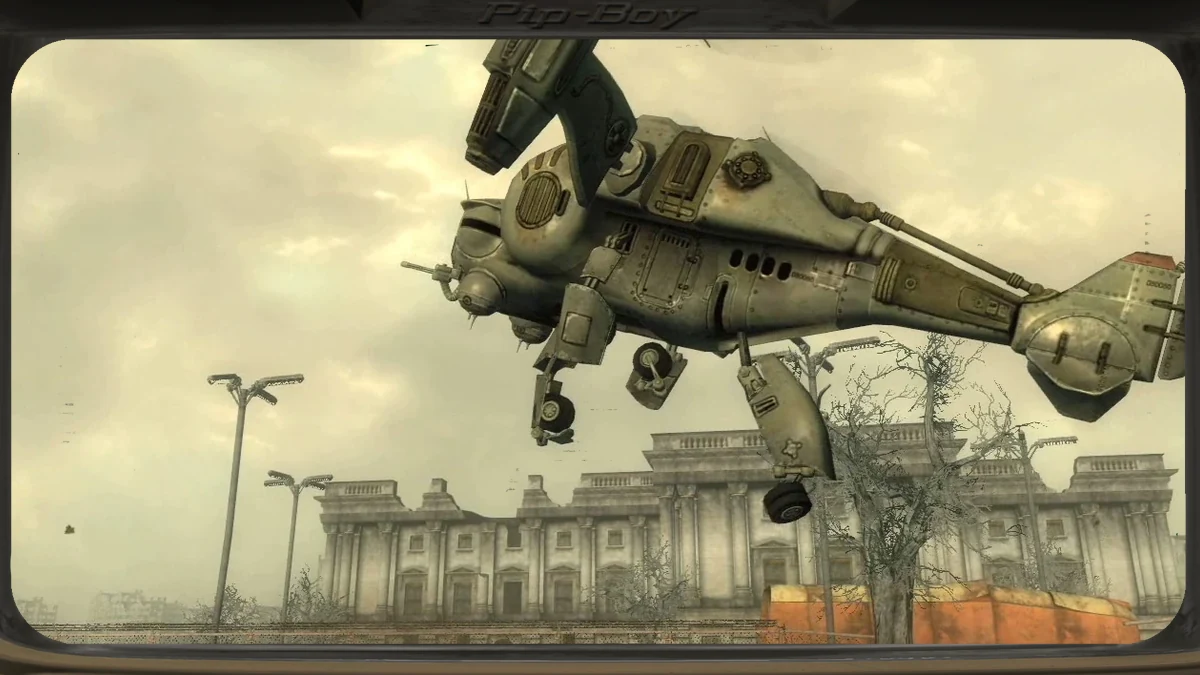 Un vertibird en vuelo sobre un edificio en ruinas, en Fallout 3