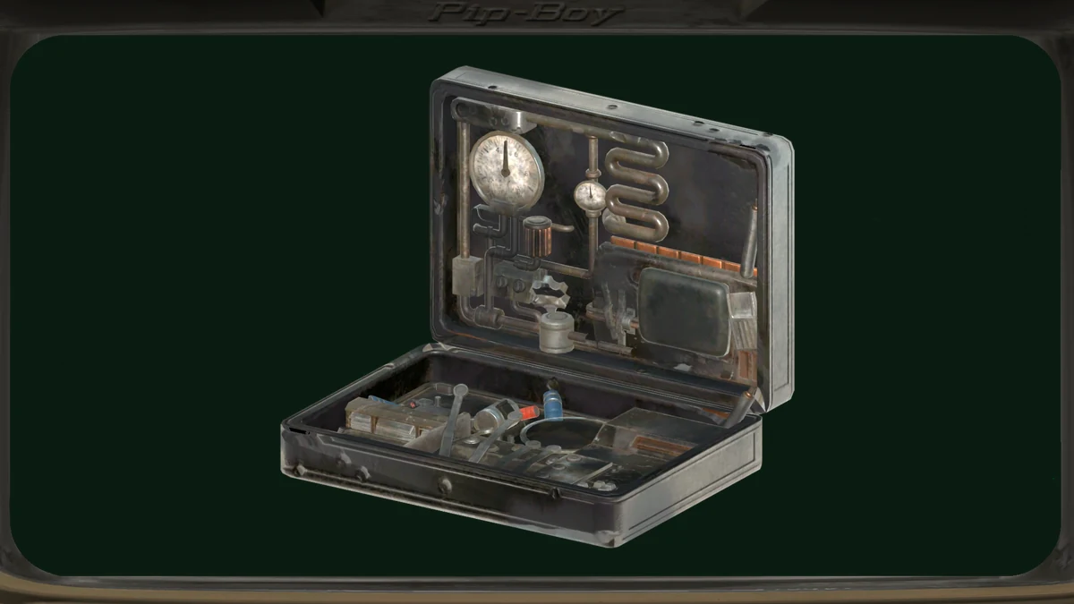 El G.E.C.K., el maletín de Vault-Tec, abierto, tal como aparece en Fallout 76