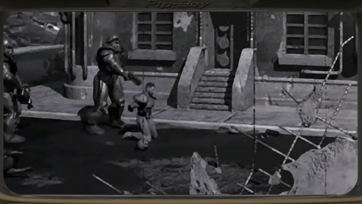 Un soldado estadounidense con servoarmadura en la introducción de Fallout, que muestra la ocupación de Canadá