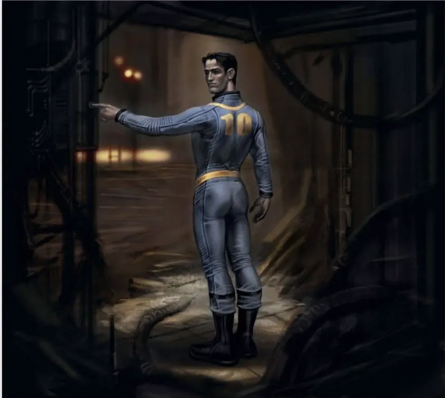 Arte conceptual de un morador con el mono azul y amarillo de Vault-Tec de pie en un pasillo oscuro de un refugio