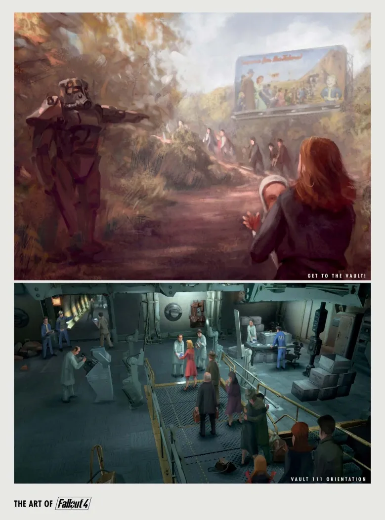 Arte de Fallout 4 con vecinos que corren hacia la entrada de un refugio de Vault-Tec mientras cae la bomba