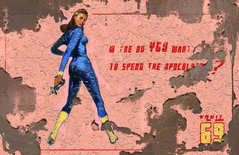 Cartel retro del Refugio 69 con una moradora de mono azul y el número 69 en grande sobre una pared desconchada