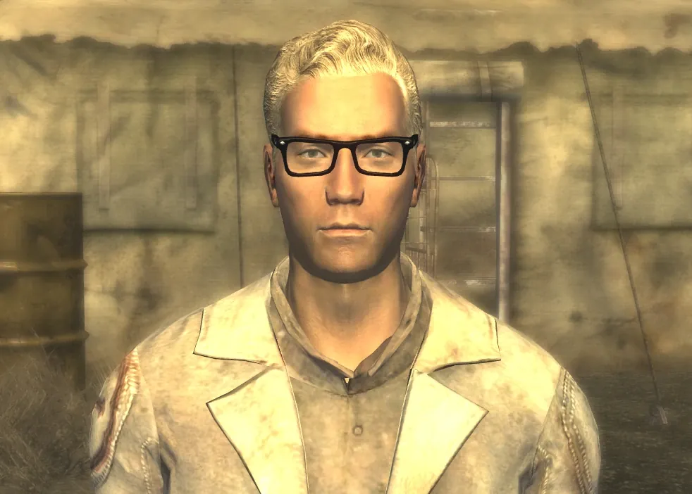 Arcade Gannon, médico rubio con gafas negras y bata de los Seguidores del Apocalipsis, en Fallout: New Vegas