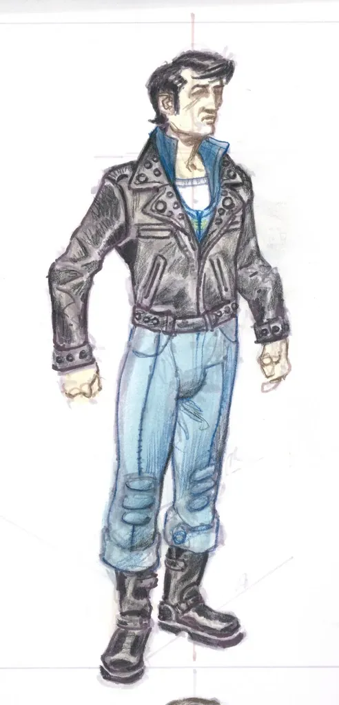 Arte conceptual de Butch DeLoria de cuerpo entero con tupé, chaqueta de cuero y vaqueros remangados