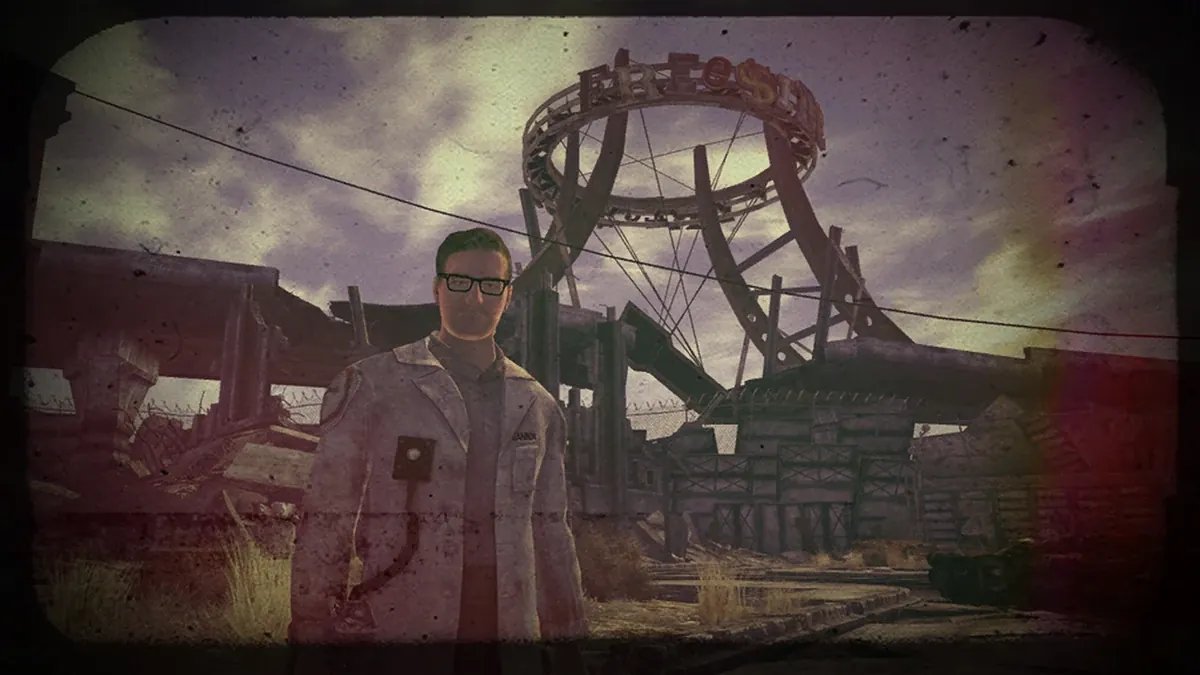 Diapositiva final de Fallout: New Vegas con Arcade Gannon ante una estructura de hierro del Mojave