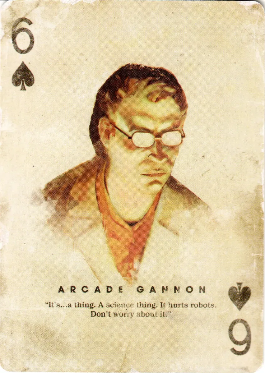 Carta de la baraja de coleccionista de Fallout: New Vegas con el retrato de Arcade Gannon y sus gafas
