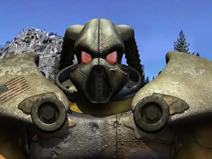 Frank Horrigan, con su servoarmadura avanzada de visor rojo, en su retrato animado de Fallout 2