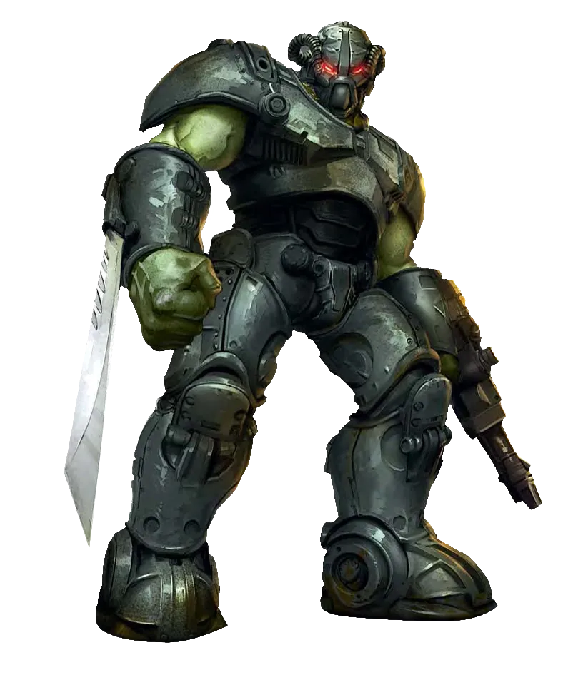 Render de Frank Horrigan sin casco, con su enorme servoarmadura y un cuchillo, sobre fondo negro