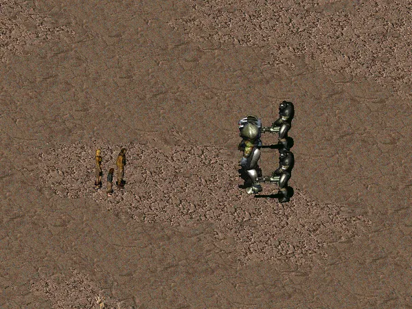 Escena de Fallout 2 en la que Frank Horrigan, en servoarmadura, se enfrenta a unos viajeros en el desierto