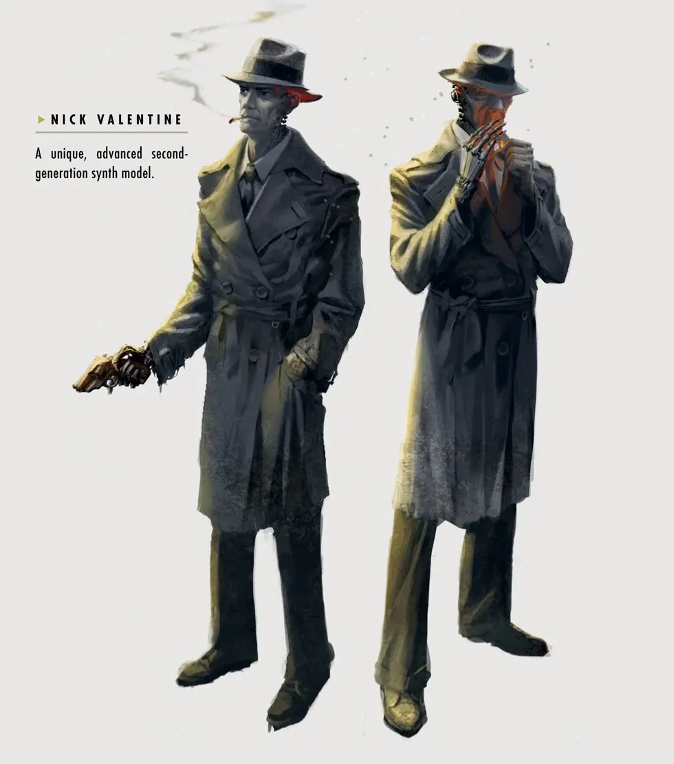 Arte conceptual de Fallout 4 con Nick Valentine de frente y de espaldas, con gabardina y sombrero