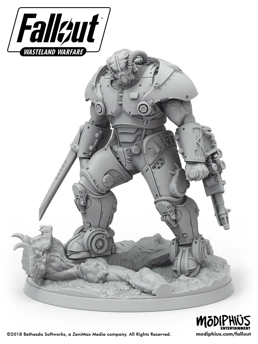 Miniatura sin pintar de Frank Horrigan en servoarmadura de Fallout: Wasteland Warfare, de Modiphius