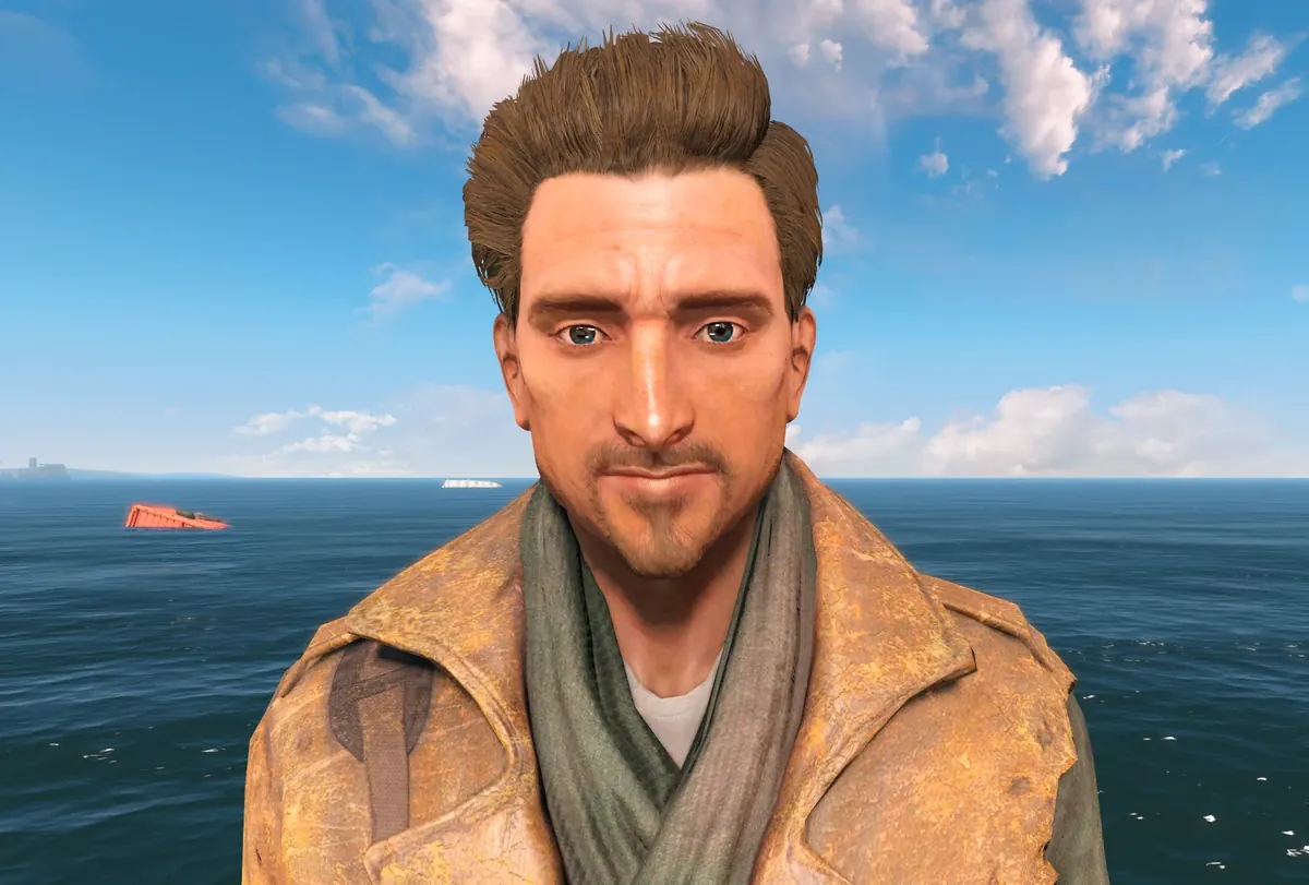 Robert MacCready sin gorra, con pañuelo y abrigo, sonriendo frente al mar en Fallout 4