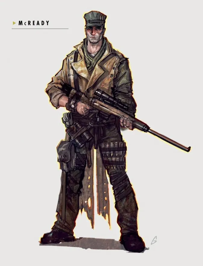 Arte conceptual de MacCready en Fallout 4 de cuerpo entero, con gorra, abrigo y rifle de francotirador