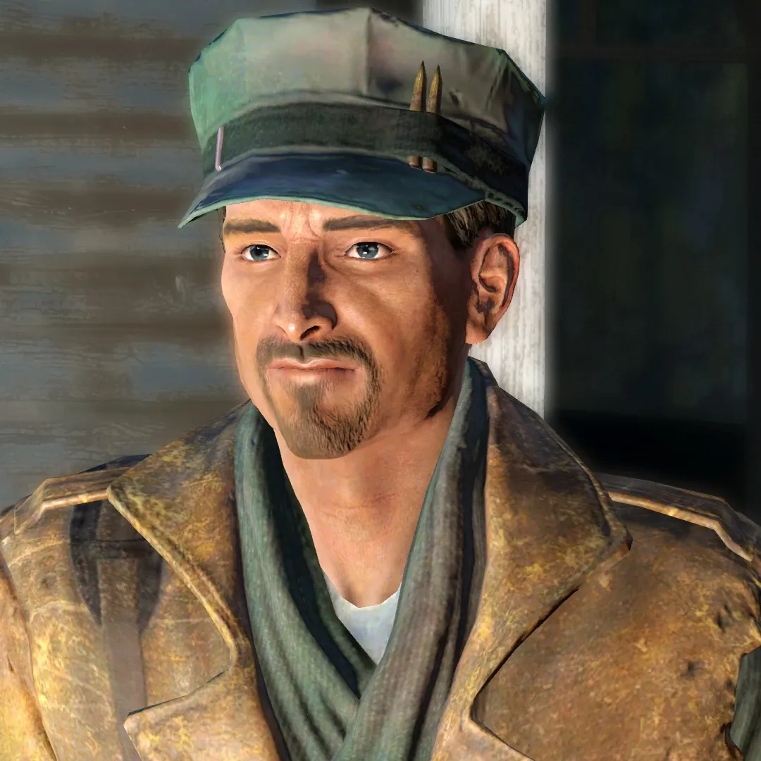 Robert MacCready adulto, mercenario con gorra militar y abrigo de cuero, en Fallout 4