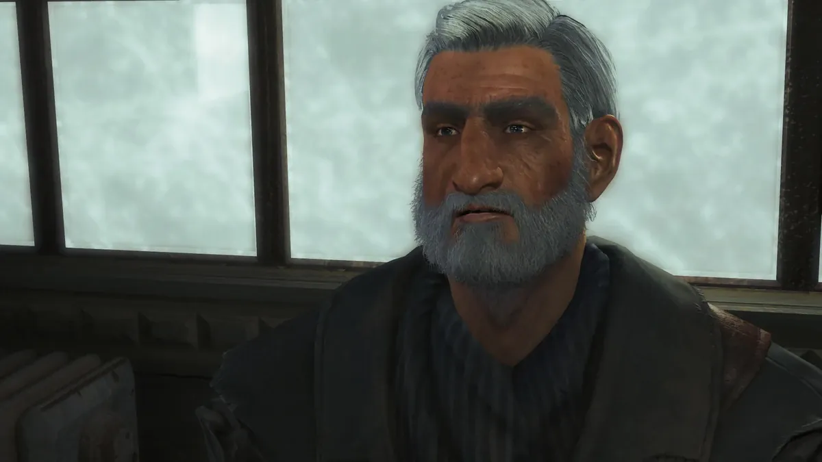 El viejo Longfellow, marinero de barba canosa y gesto duro, en la taberna The Last Plank de Far Harbor