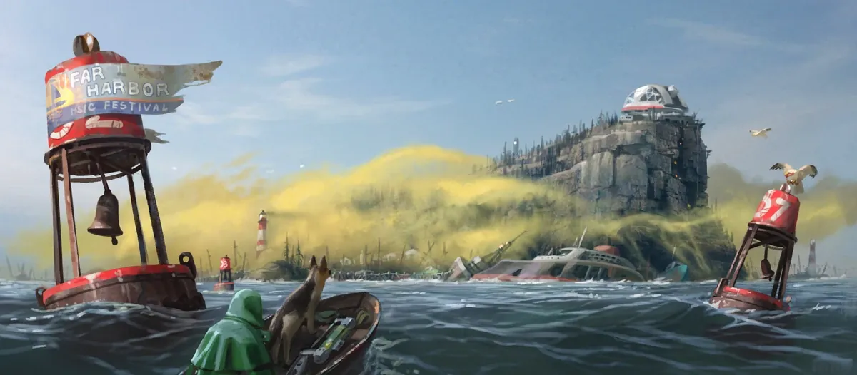 Arte conceptual de Far Harbor con boyas y un pequeño bote ante una isla con faro y casas en la costa