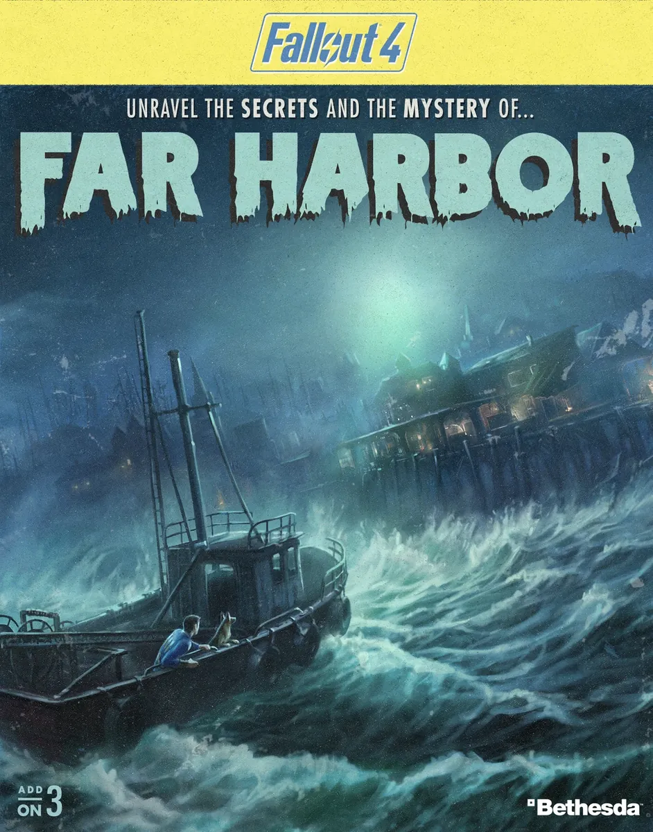 Portada de la expansión Far Harbor de Fallout 4 con un barco pesquero entre olas y la isla al fondo