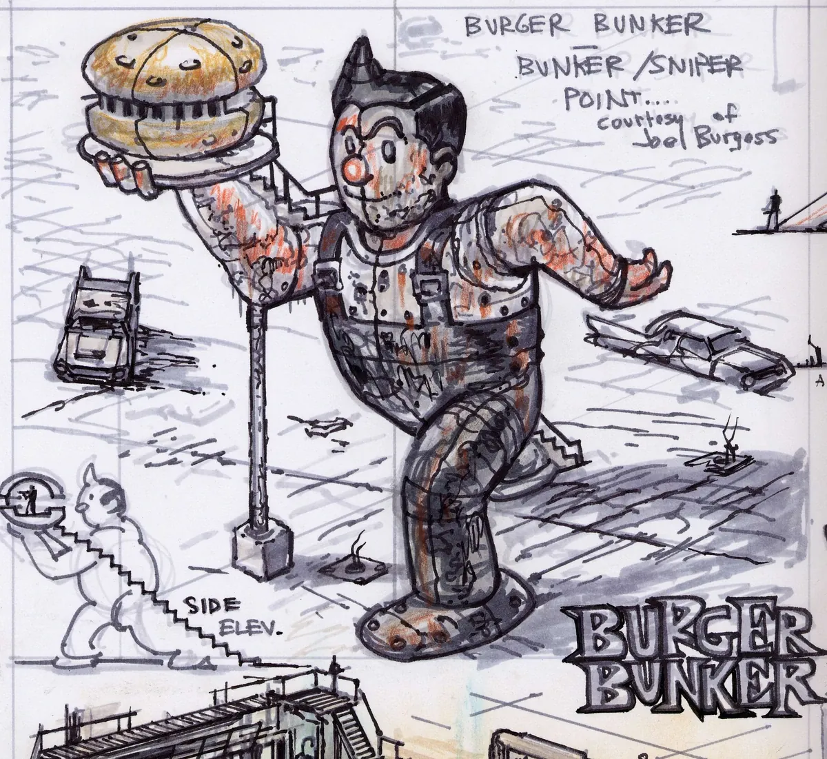 Boceto conceptual de Fallout 3 con la mascota gigante de la hamburguesería Burger Bunker de Paradise Falls