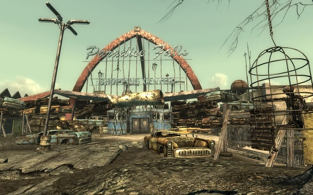 La puerta principal de Paradise Falls, antiguo centro comercial convertido en mercado de esclavos, en Fallout 3