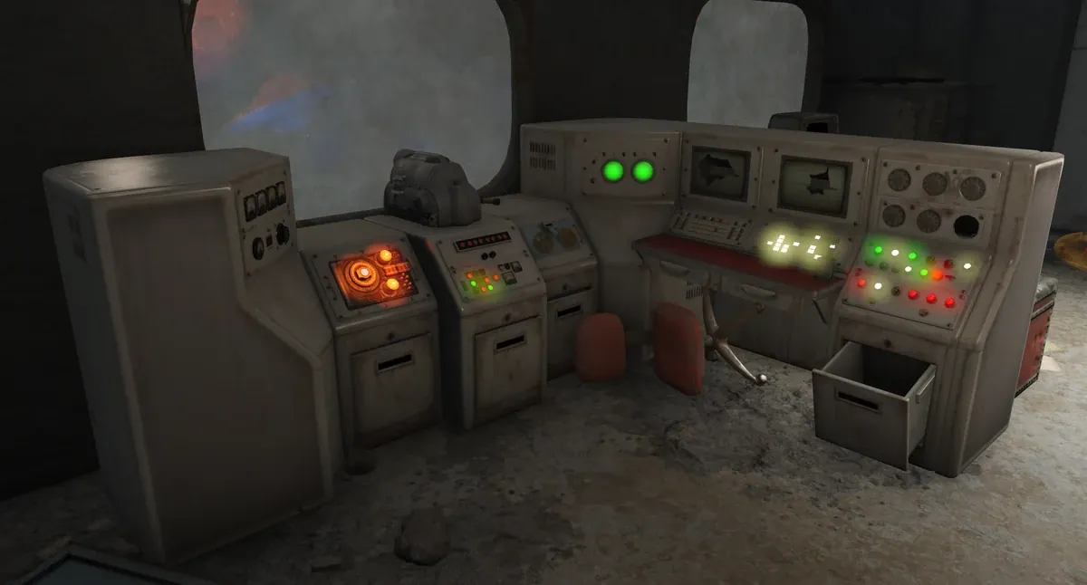 Consola del Starlight Theater de Nuka-World con luces verdes y huecos para núcleos estelares