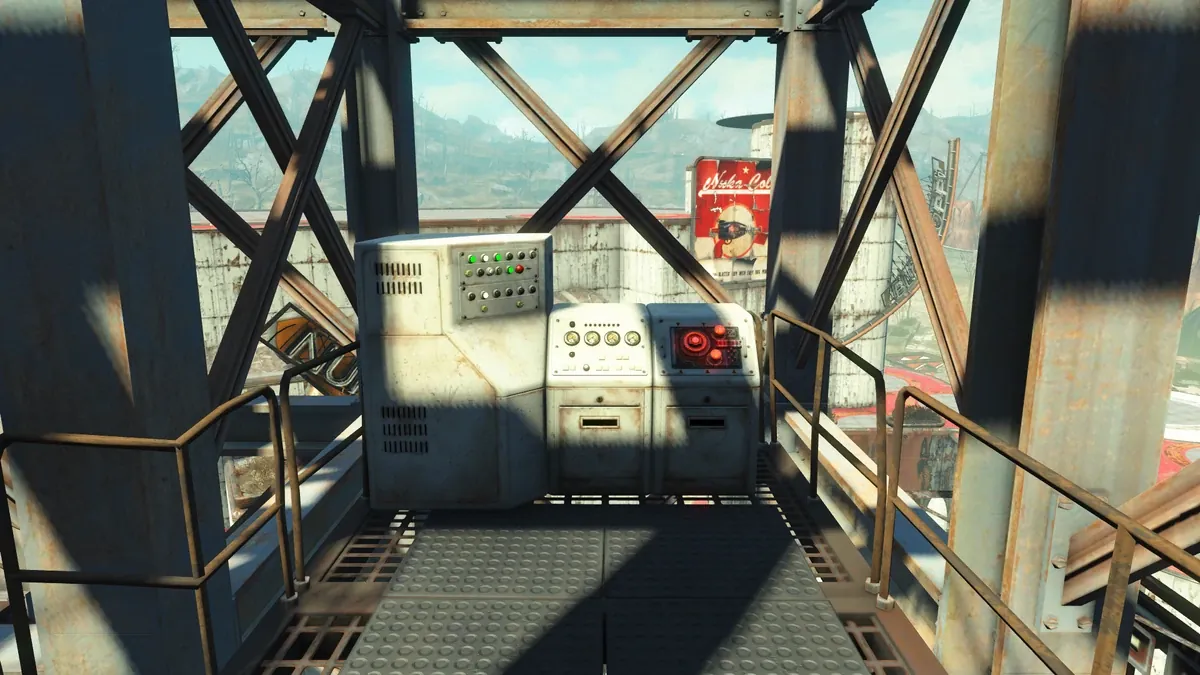 Lo alto de la atracción G-Force de Nuka-World con una consola que guarda un núcleo estelar