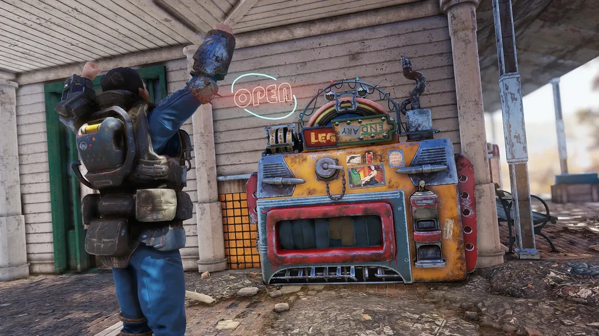 Un jugador saluda junto a la máquina de intercambio de objetos legendarios de Fallout 76