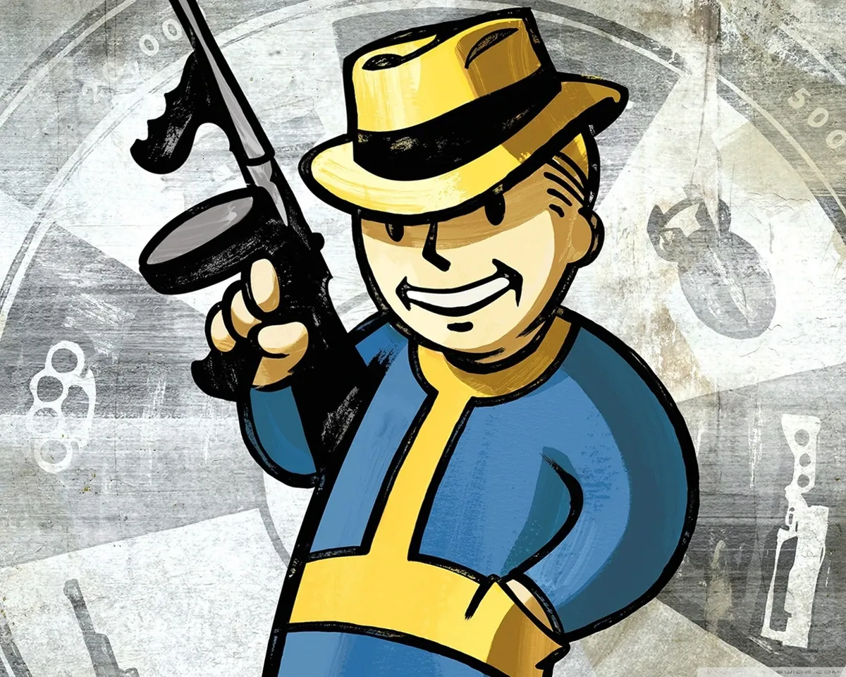 Vault Boy con sombrero de gánster y una ametralladora Thompson, ilustración de Fallout: New Vegas