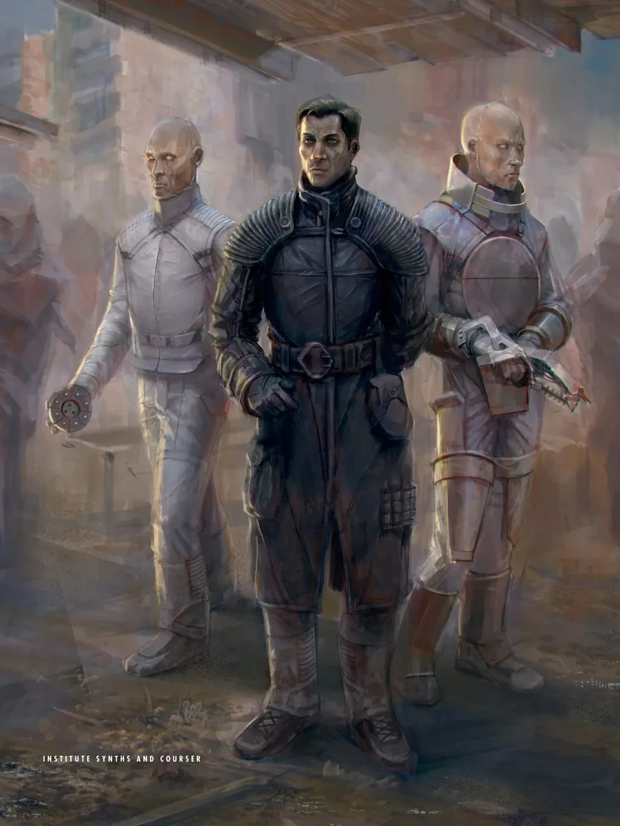 Página del libro de arte de Fallout 4 con un courser de abrigo negro y dos sintéticos de mono blanco