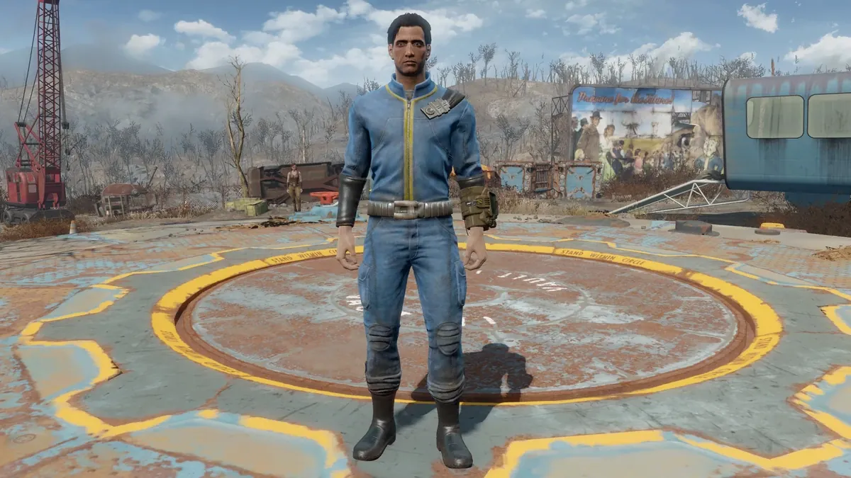 Un personaje con el mono de utilidad del refugio personalizado en un asentamiento de Fallout 4