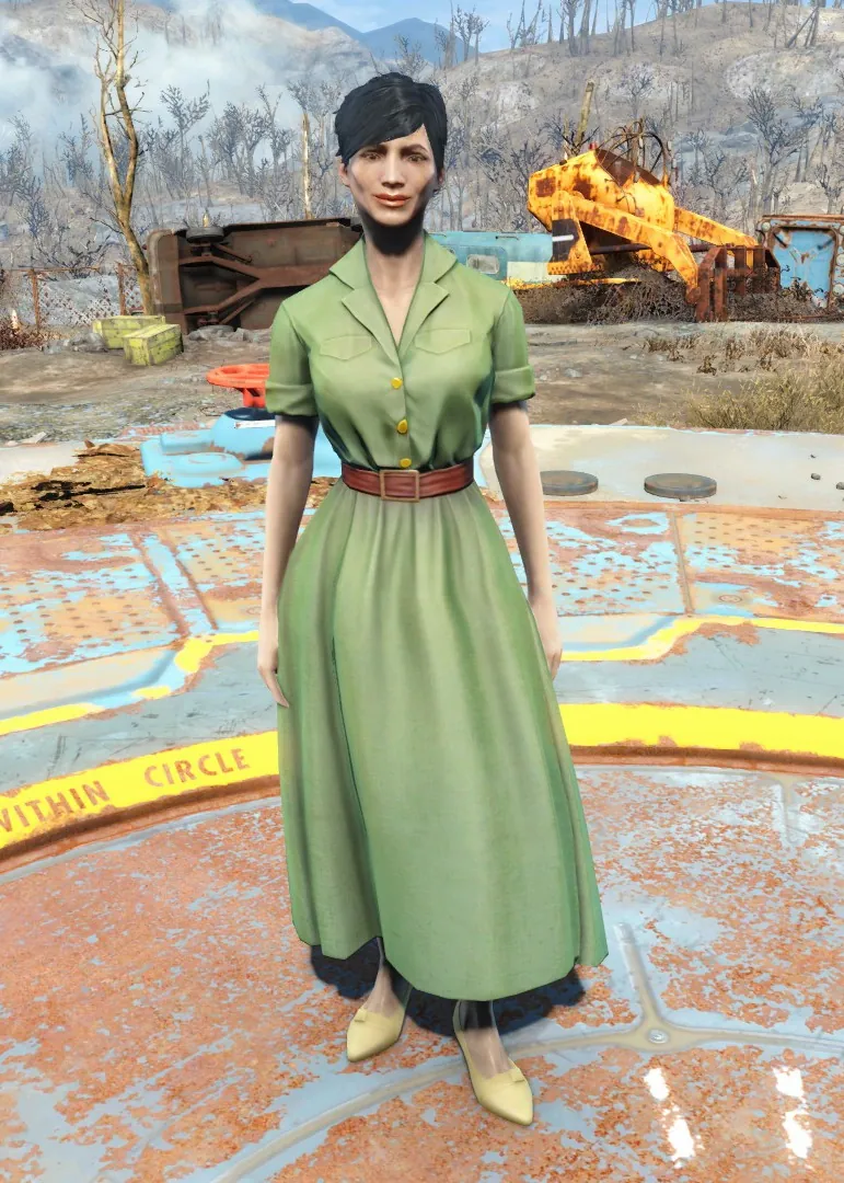 Una mujer con un vestido verde preguerra lavado y cinturón en un asentamiento de Fallout 4