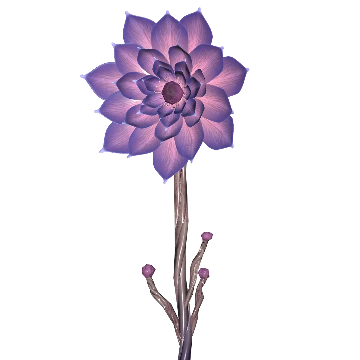 Render de una flor de pétalos morados en forma de estrella sobre un tallo fino, de Fallout 76