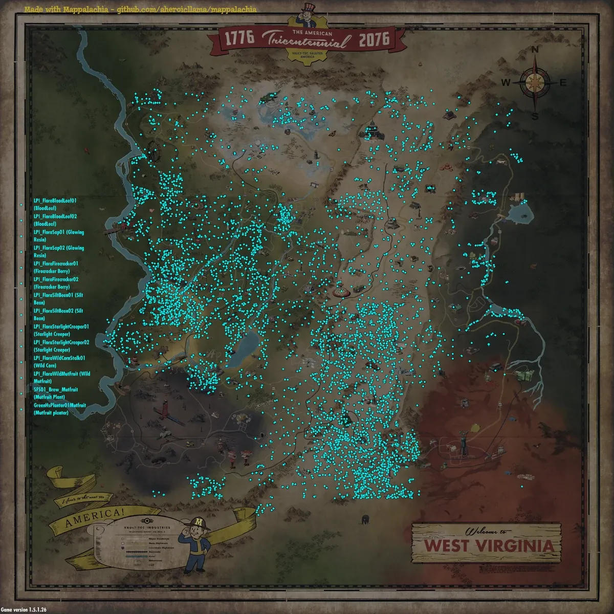 Mapa de Appalachia de Fallout 76 con los puntos donde aparece el flujo de cobalto marcados en azul