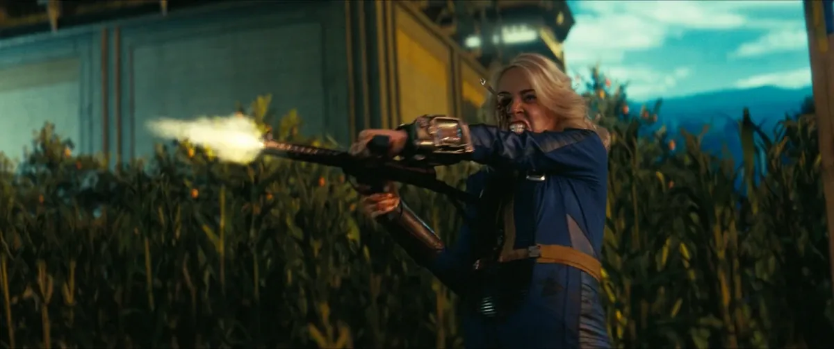 Steph Harper dispara un arma entre el maíz del Refugio 33 en la serie de Fallout