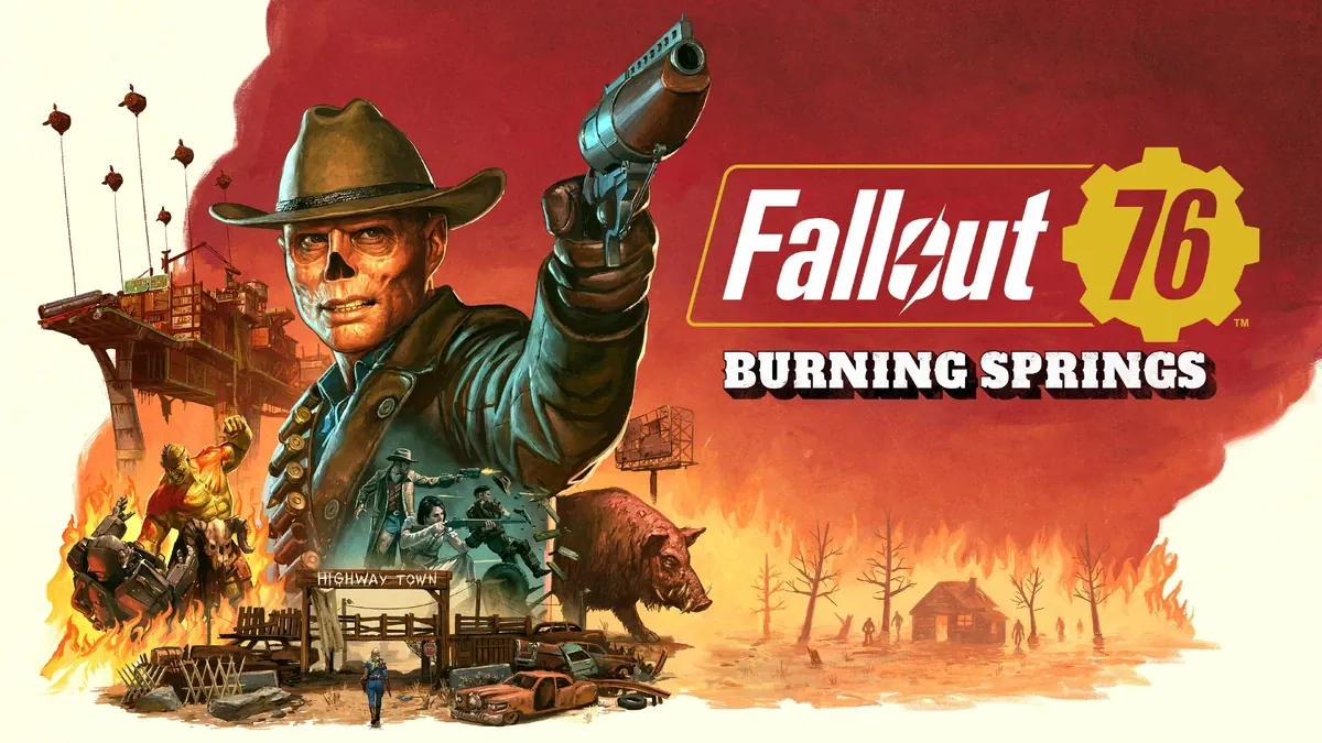 Arte de Fallout 76 Burning Springs con el Necrófago empuñando su revólver ante un paisaje en llamas