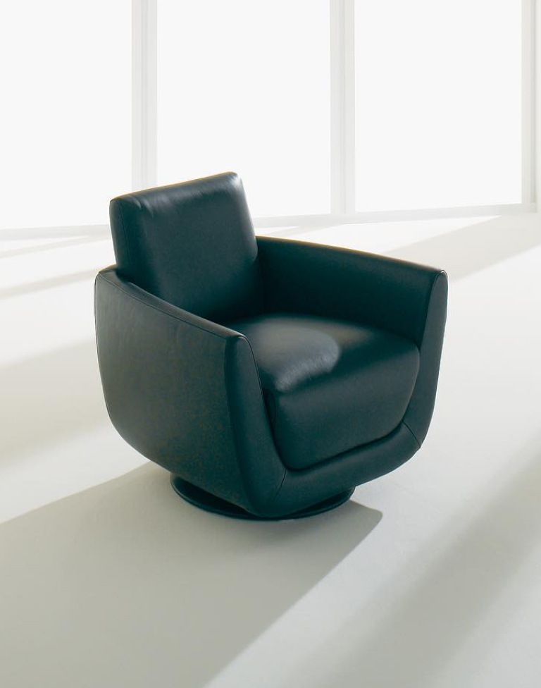 Modern black leather armchair with rounded edges placed in a bright room with large windows.