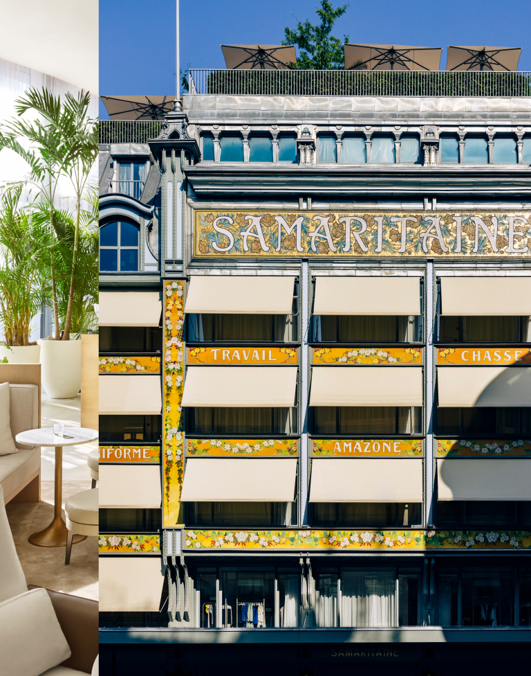 Facade of La Samaritaine building with floral decorations and beige awnings under a clear blue sky.
