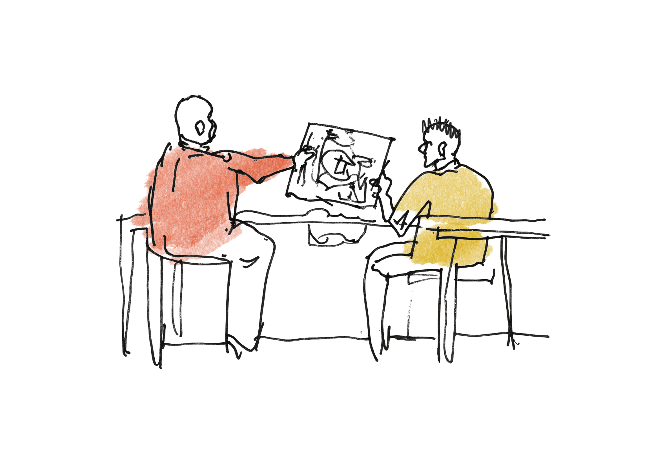 Illustration of two people sitting at a table, one pointing at a drawing while the other observes.