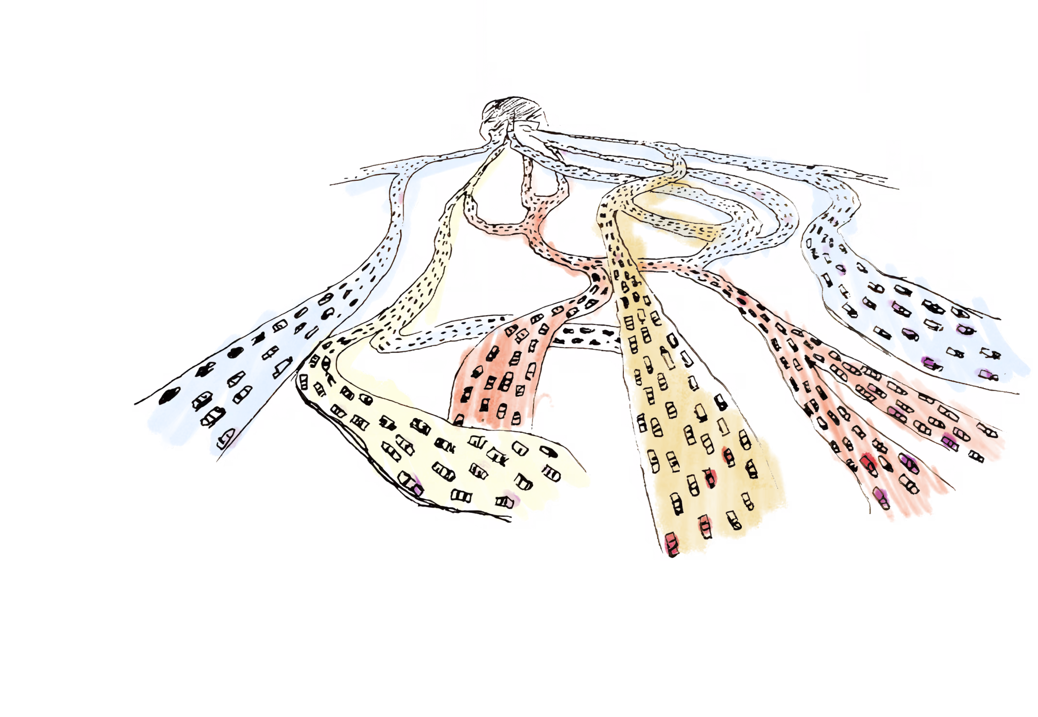 Illustration of multiple colored highway lanes with heavy traffic merging and diverging in different directions.