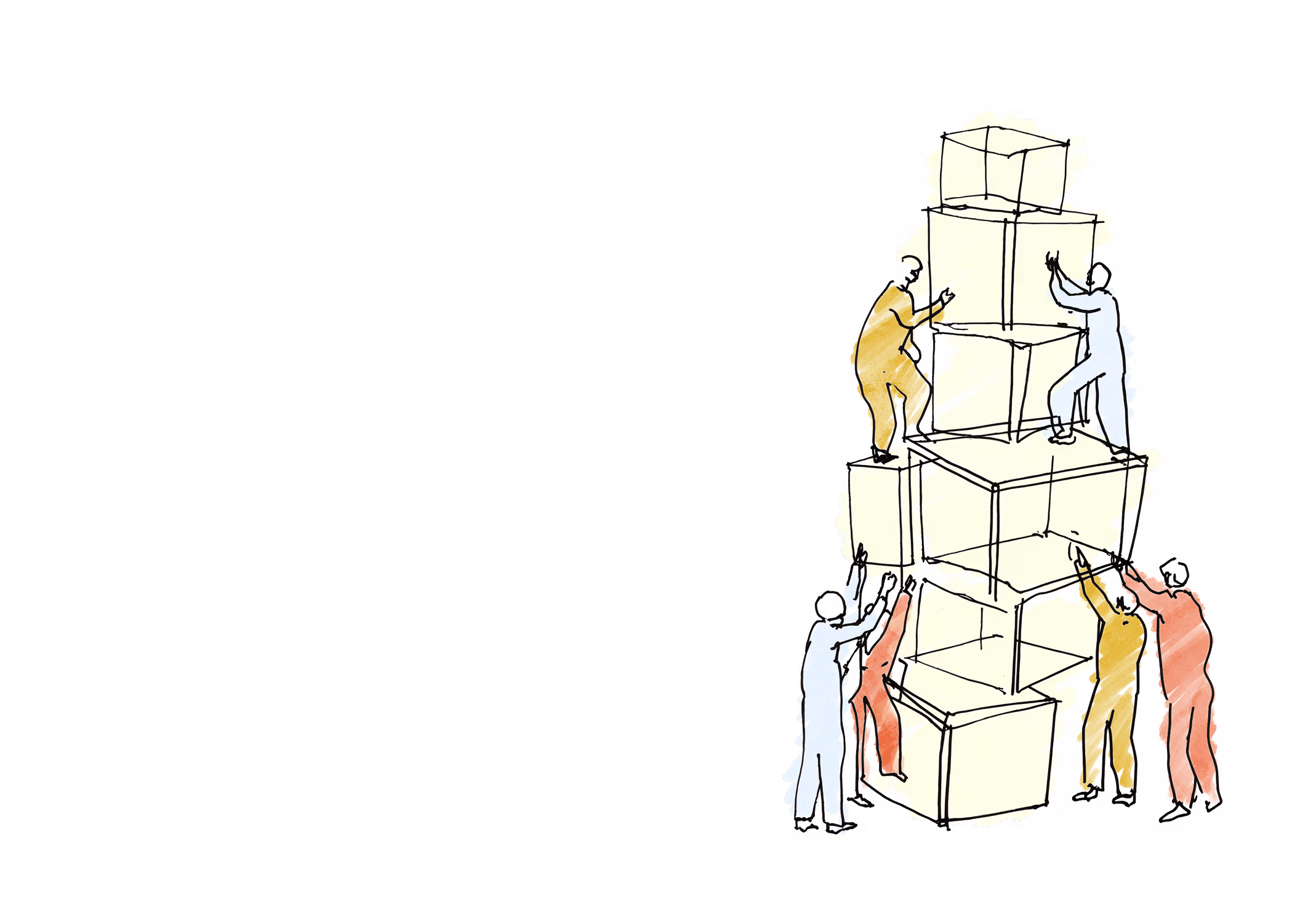Illustration of six people in colorful outfits collaboratively stacking large transparent cubes to build a tower.