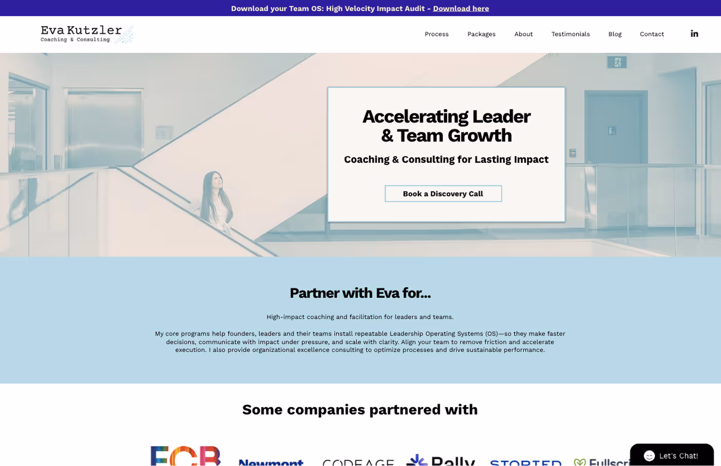 Website homepage of Eva Kutzler Coaching & Consulting featuring a woman on an escalator with text promoting leadership and team growth coaching services and a call-to-action button to book a discovery call.