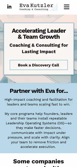 Website header for Eva Kutzler Coaching & Consulting offering services to accelerate leader and team growth with a button to book a discovery call.