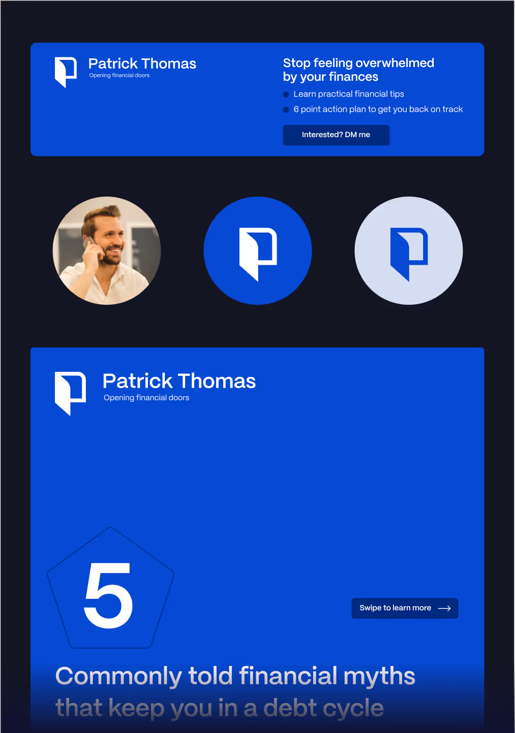 Financial advisor Patrick Thomas branding with logo, smiling man on phone, and text about financial tips and myths with call-to-action buttons.