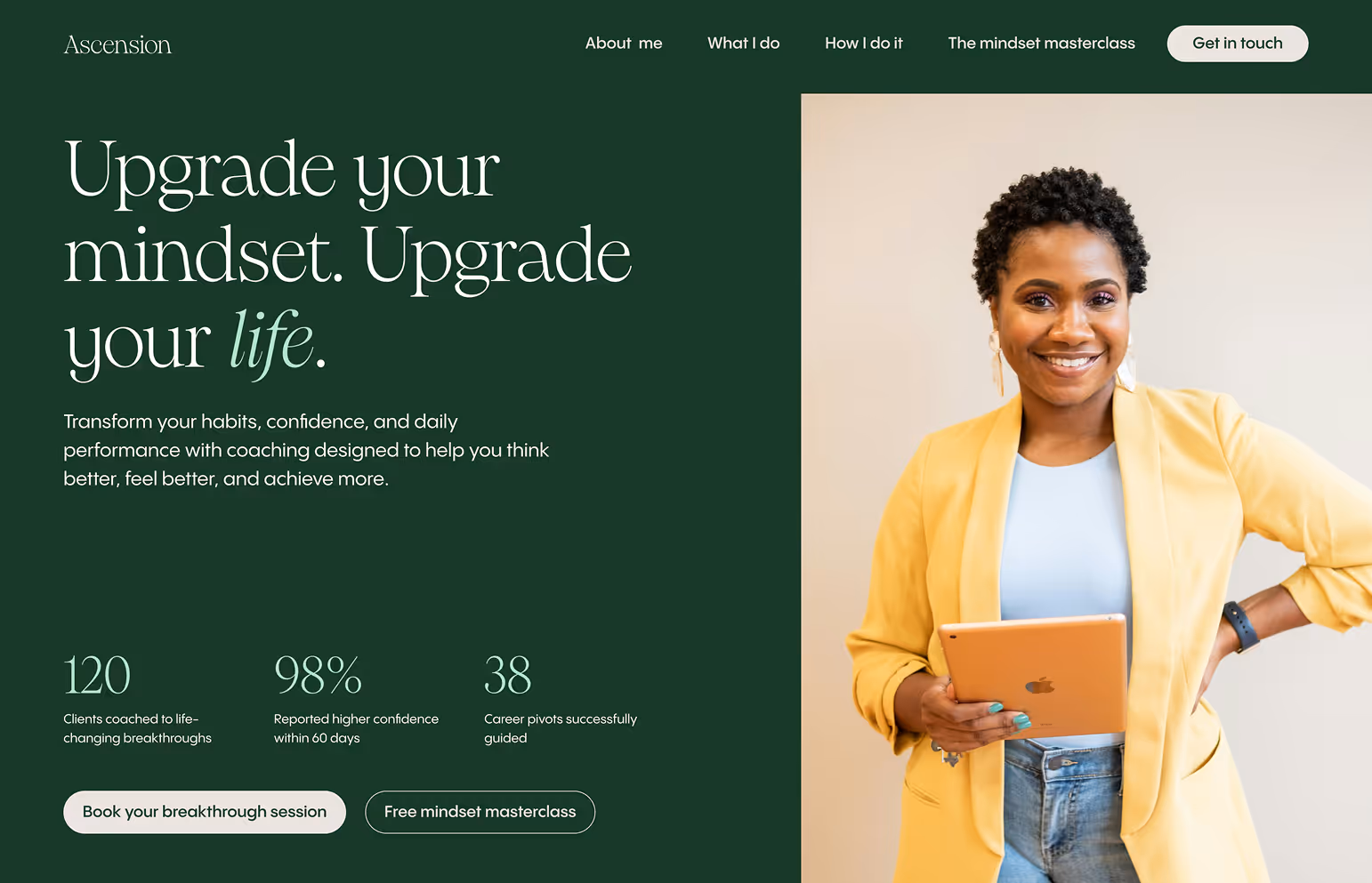 Smiling woman in a yellow blazer holding a tablet, standing against a light background next to text about mindset coaching and success statistics.