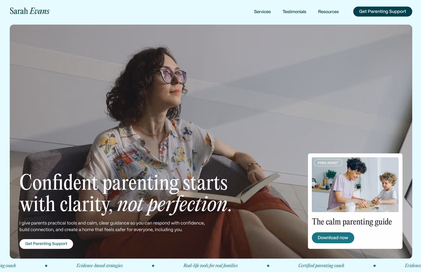 Woman with glasses sitting on a couch holding a book, with text about confident parenting support and a download button for a calm parenting guide featuring a parent and child.